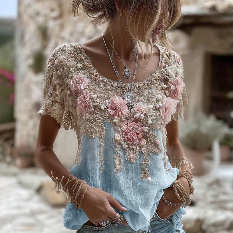 Women's Pink Rose Embroidery Art Round Neck Short Sleeve Linen Blend T-shirt