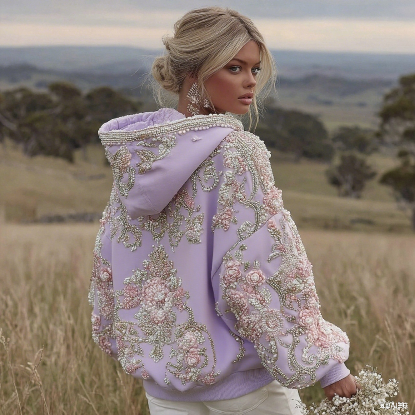 Women's Pink Flower Embroidery Art Long Sleeve Hoodie