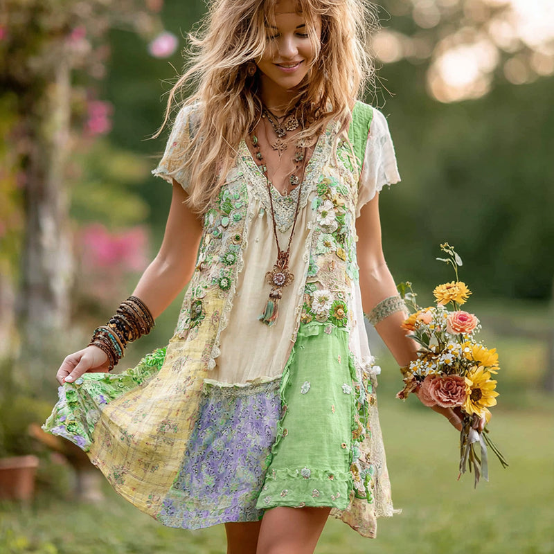 Women's Retro Floral Splicing Cotton And Linen Short Dress